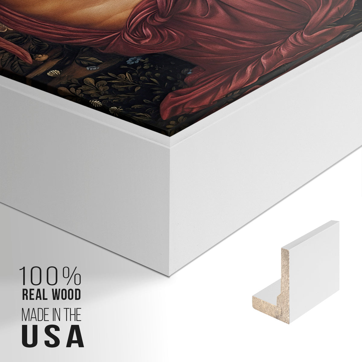 Close-up of the white floater frame corner and gallery wrapped canvas construction.