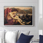The Angel with the Serpent, c. 1870-1875 by Evelyn De Morgan displayed above a sofa in a living room in a white floater frame, featuring a winged figure standing over serpent in allegorical composition.