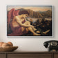 The Angel with the Serpent, c. 1870-1875 by Evelyn De Morgan in a white floater framed canvas displayed above a console table in a hallway, featuring a symbolic imagery of purity overcoming evil forces.