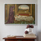 White floater framed canvas featuring The Wandering Jew: Whom the Gods Love Die Young, 1888 by Evelyn De Morgan above an entryway table in a minimalist foyer.
