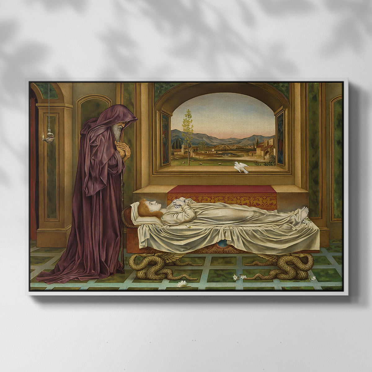 Front view of The Wandering Jew: Whom the Gods Love Die Young, 1888 by Evelyn De Morgan in a white floater framed canvas.