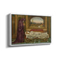 Angled view of The Wandering Jew: Whom the Gods Love Die Young, 1888 by Evelyn De Morgan in a white floater framed canvas.