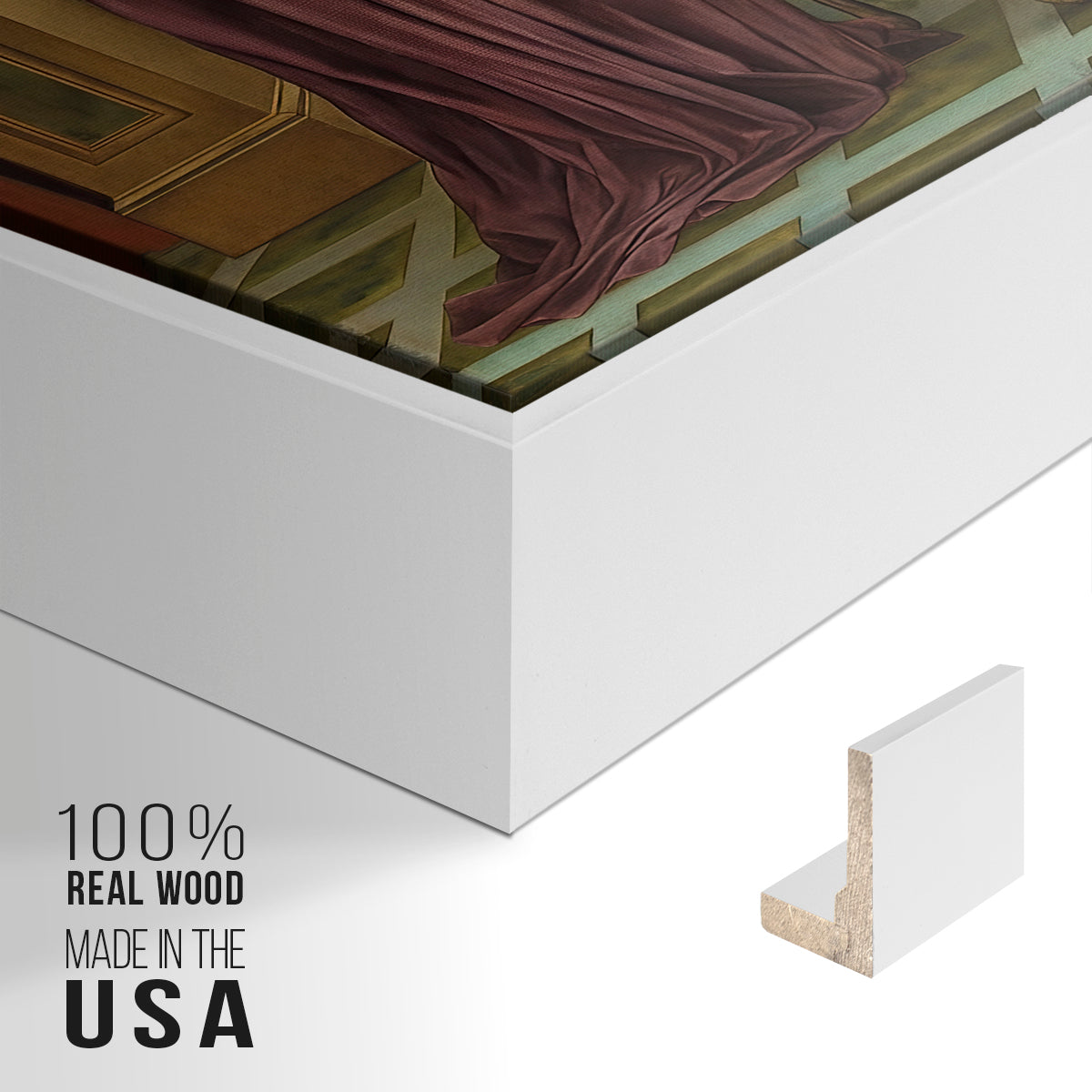 Close-up of the white floater frame corner and gallery wrapped canvas construction.