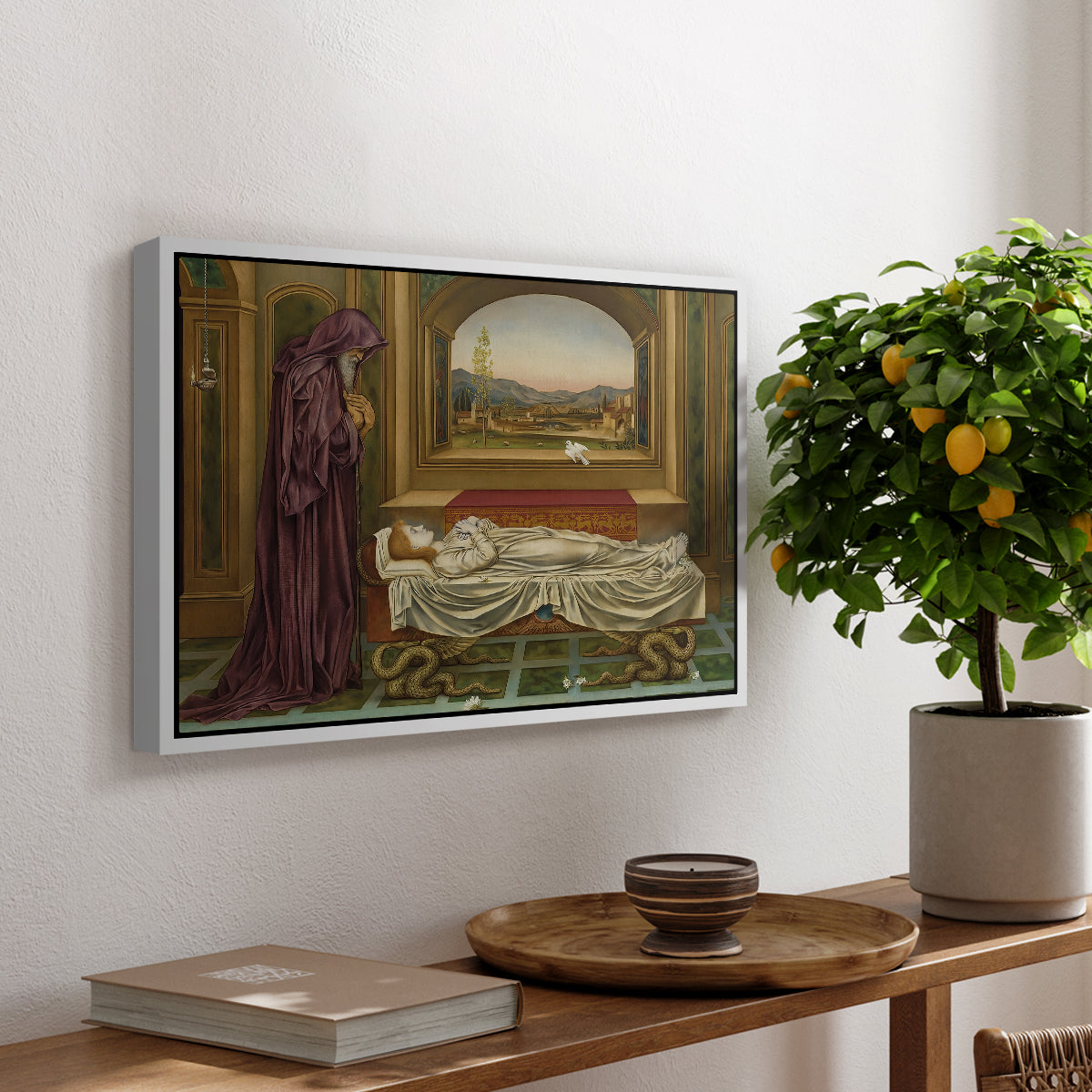 The Wandering Jew: Whom the Gods Love Die Young, 1888 by Evelyn De Morgan, presented in a white floater framed canvas featuring a solitary figure standing in interior space with contemplative expression, displayed above a hallway console table.