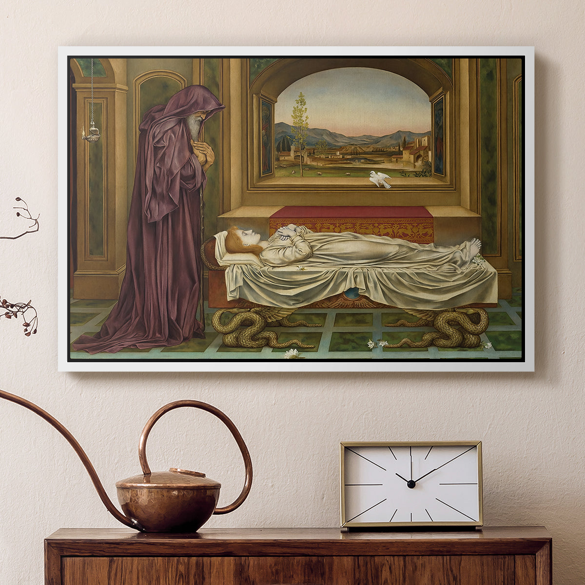 White floater framed canvas featuring an introspective scene with lone figure framed by interior elements, displayed above a cabinet in a soft-toned living room.