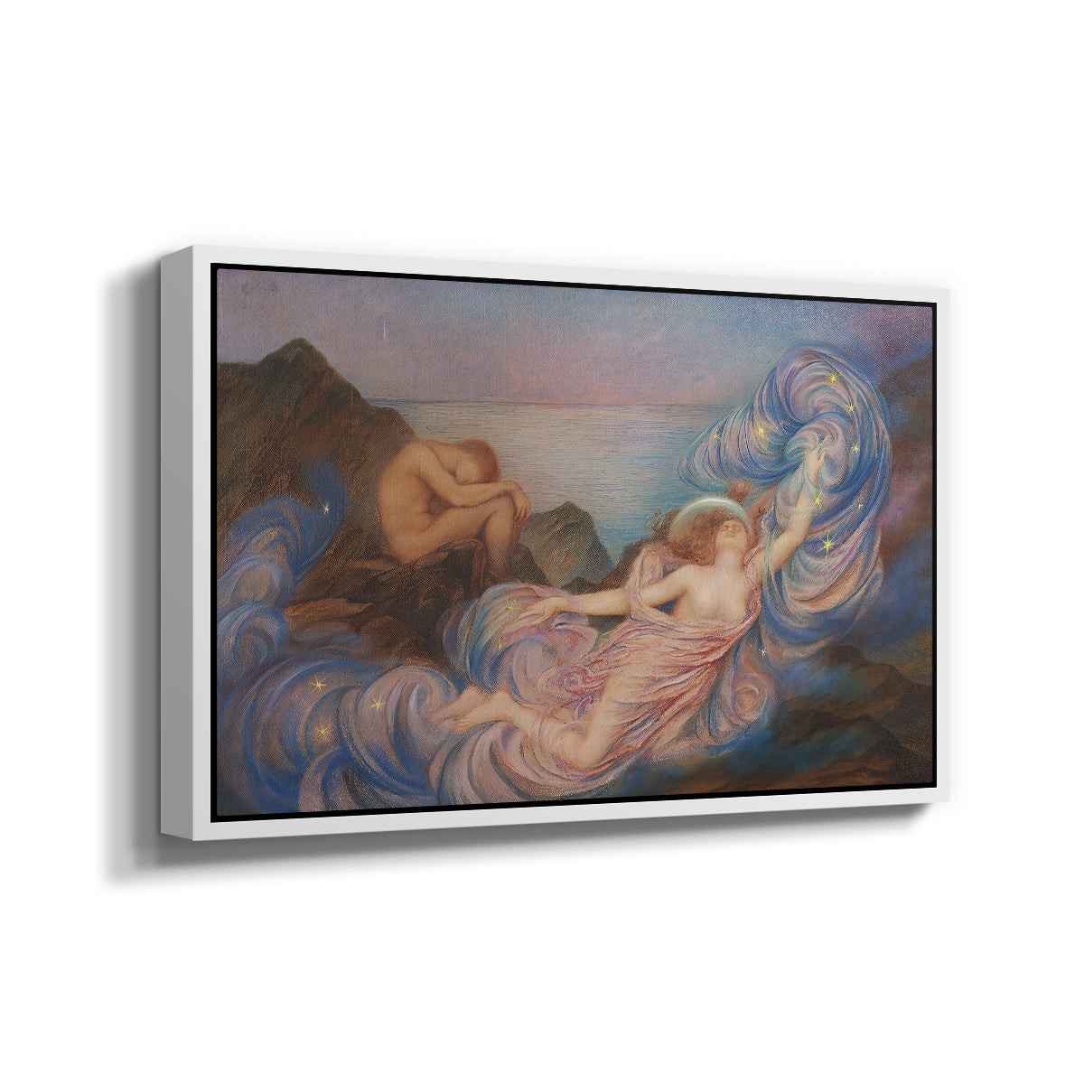 Angled view of Twilight, 1914 by Evelyn De Morgan in a white floater framed canvas.