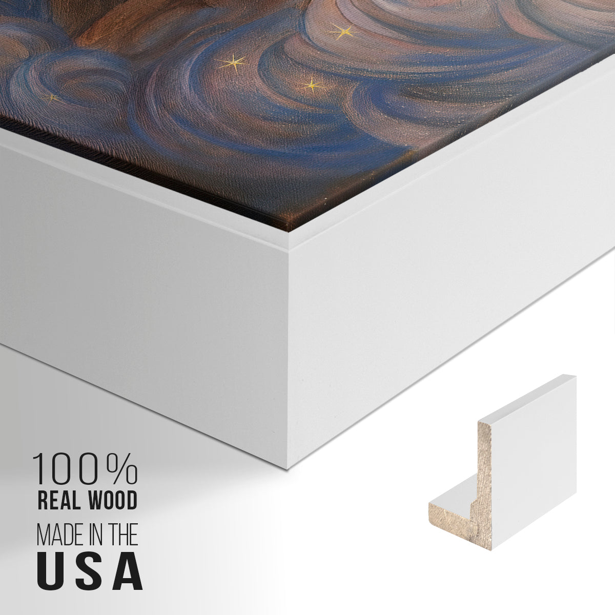 Close-up of the white floater frame corner and gallery wrapped canvas construction.