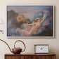 White floater framed canvas featuring a dreamlike composition with woman in fading light, displayed above a cabinet in a soft-toned living room.