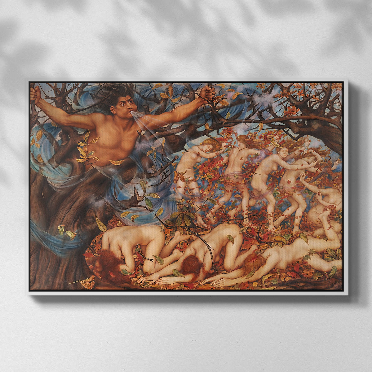 Front view of Boreas and the Fallen Leaves, c. 1910-1914 by Evelyn De Morgan in a white floater framed canvas.