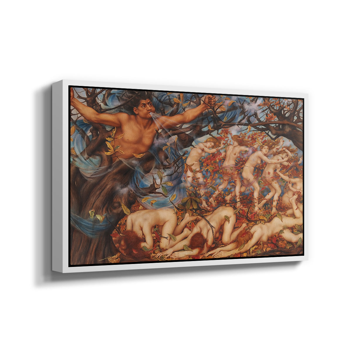 Angled view of Boreas and the Fallen Leaves, c. 1910-1914 by Evelyn De Morgan in a white floater framed canvas.