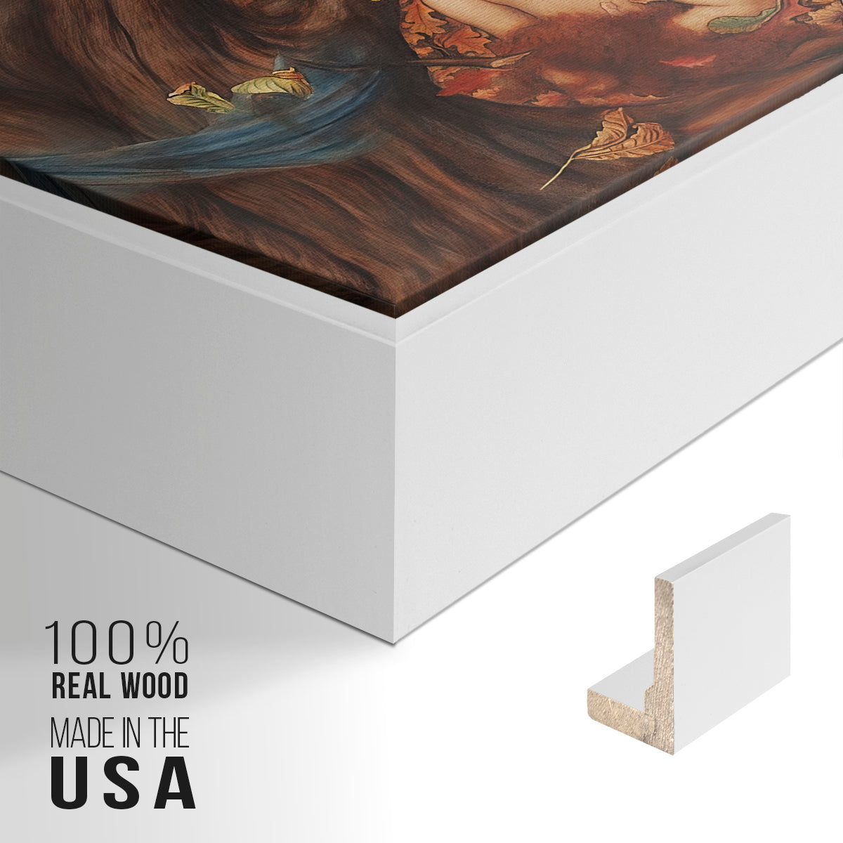 Close-up of the white floater frame corner and gallery wrapped canvas construction.