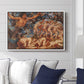 Boreas and the Fallen Leaves, c. 1910-1914 by Evelyn De Morgan displayed above a sofa in a living room in a white floater frame, featuring a mythological scene of wind god Boreas moving through autumn leaves.