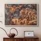 White floater framed canvas featuring an energetic depiction of figures swept through air by wind, displayed above a cabinet in a soft-toned living room.