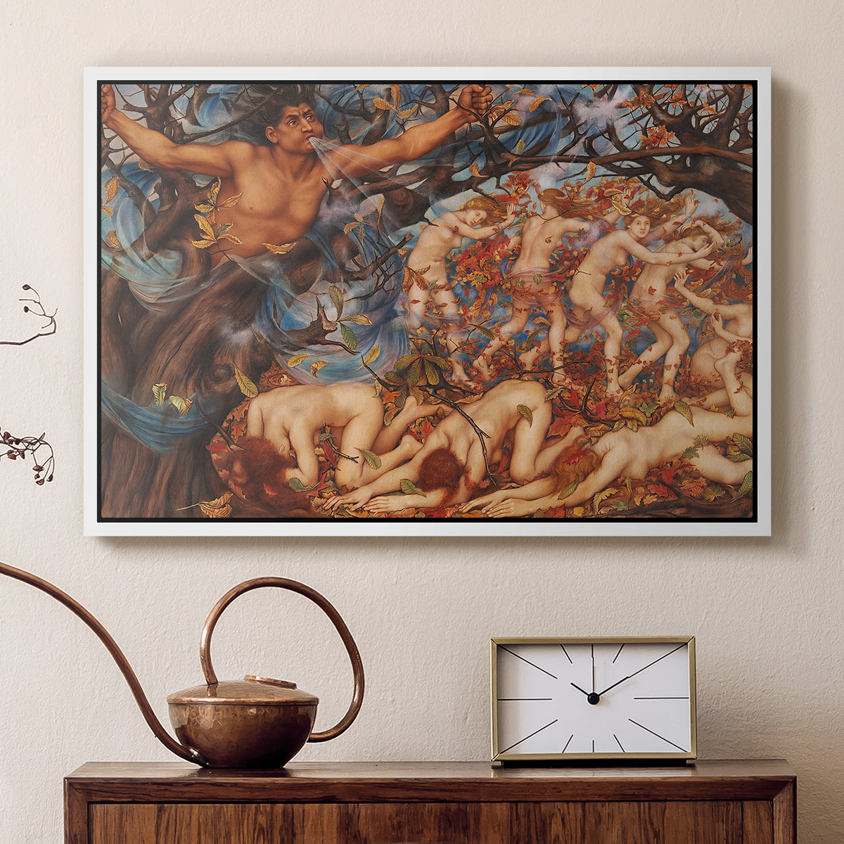White floater framed canvas featuring an energetic depiction of figures swept through air by wind, displayed above a cabinet in a soft-toned living room.