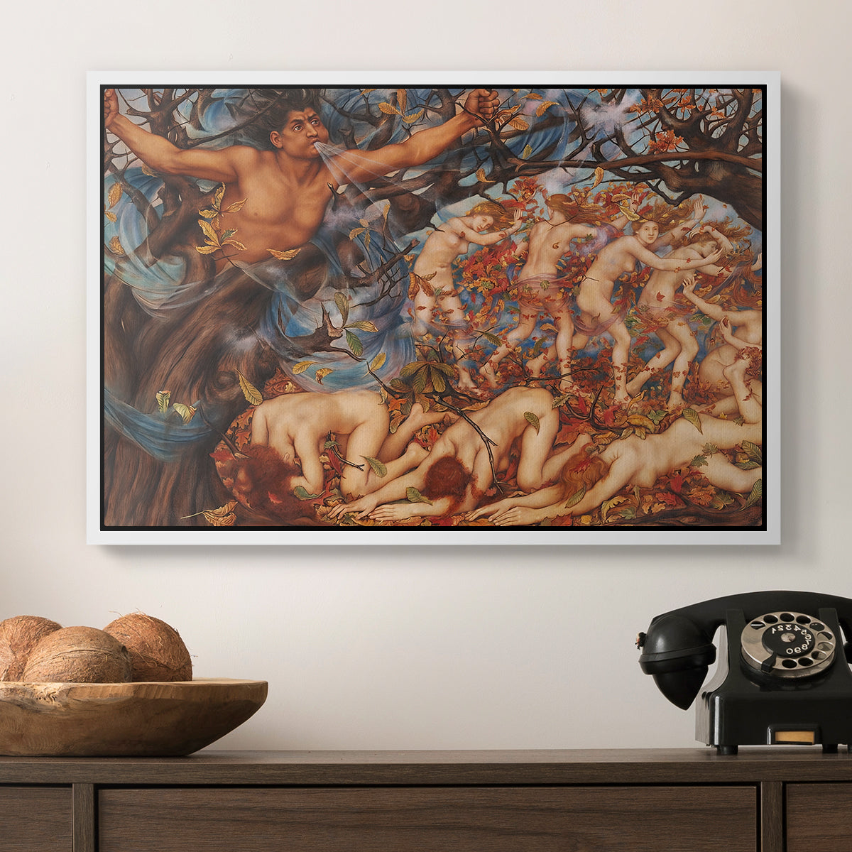 Boreas and the Fallen Leaves, c. 1910-1914 by Evelyn De Morgan in a white floater framed canvas displayed above a console table in a hallway, featuring a symbolic representation of motion and seasonal change.