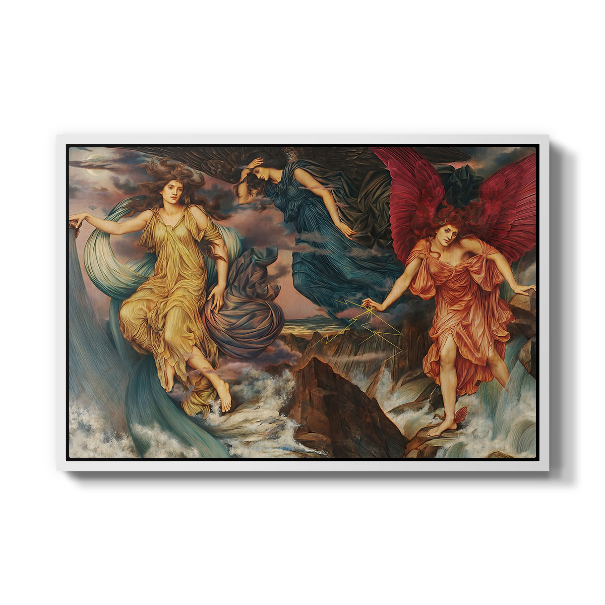The Storm Spirits, 1900 by Evelyn De Morgan in a white floater framed canvas wall art display.