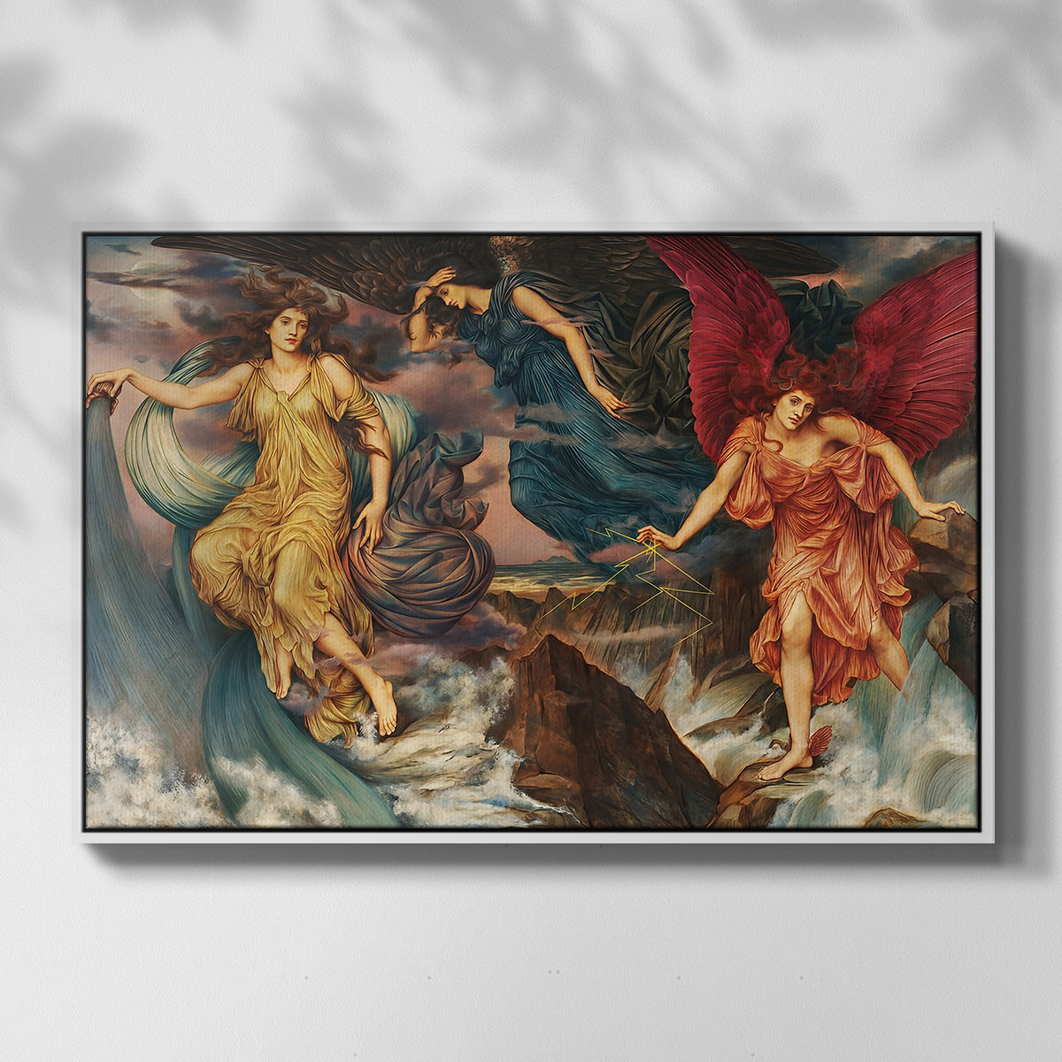 Front view of The Storm Spirits, 1900 by Evelyn De Morgan in a white floater framed canvas.