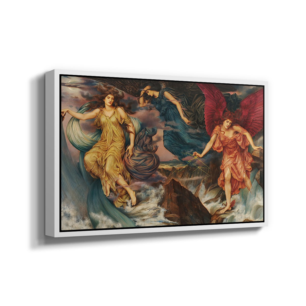 Angled view of The Storm Spirits, 1900 by Evelyn De Morgan in a white floater framed canvas.