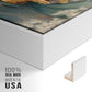 Close-up of the white floater frame corner and gallery wrapped canvas construction.