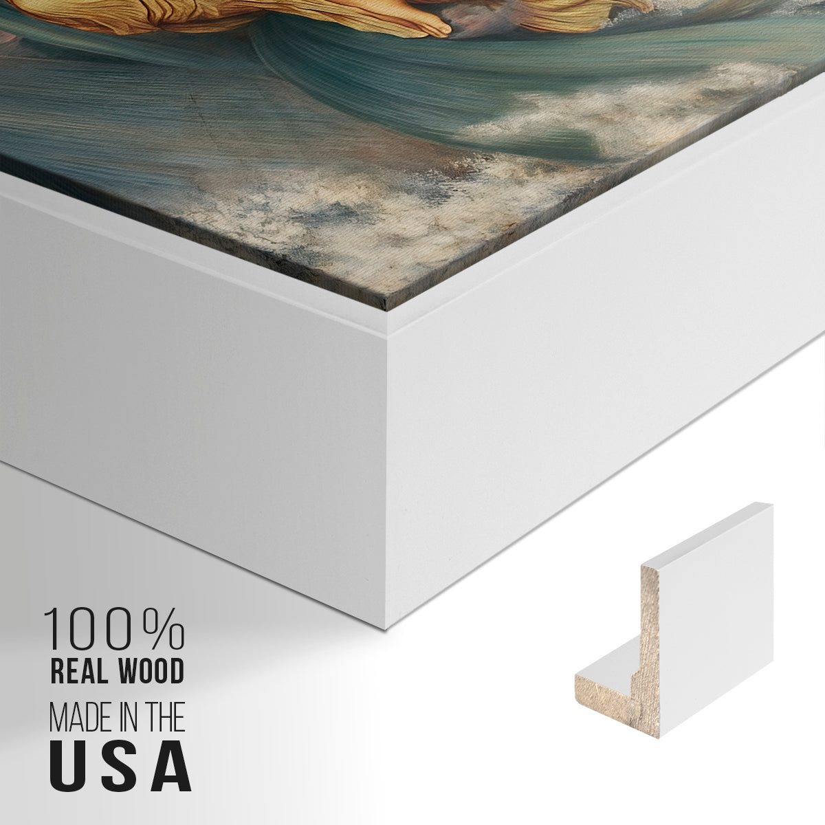 Close-up of the white floater frame corner and gallery wrapped canvas construction.