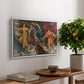 The Storm Spirits, 1900 by Evelyn De Morgan, presented in a white floater framed canvas featuring multiple figures swirling through sky representing storm forces in motion, displayed above a hallway console table.