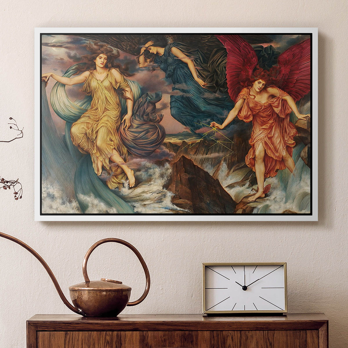 White floater framed canvas featuring a dynamic composition of figures embodying storm energy, displayed above a cabinet in a soft-toned living room.