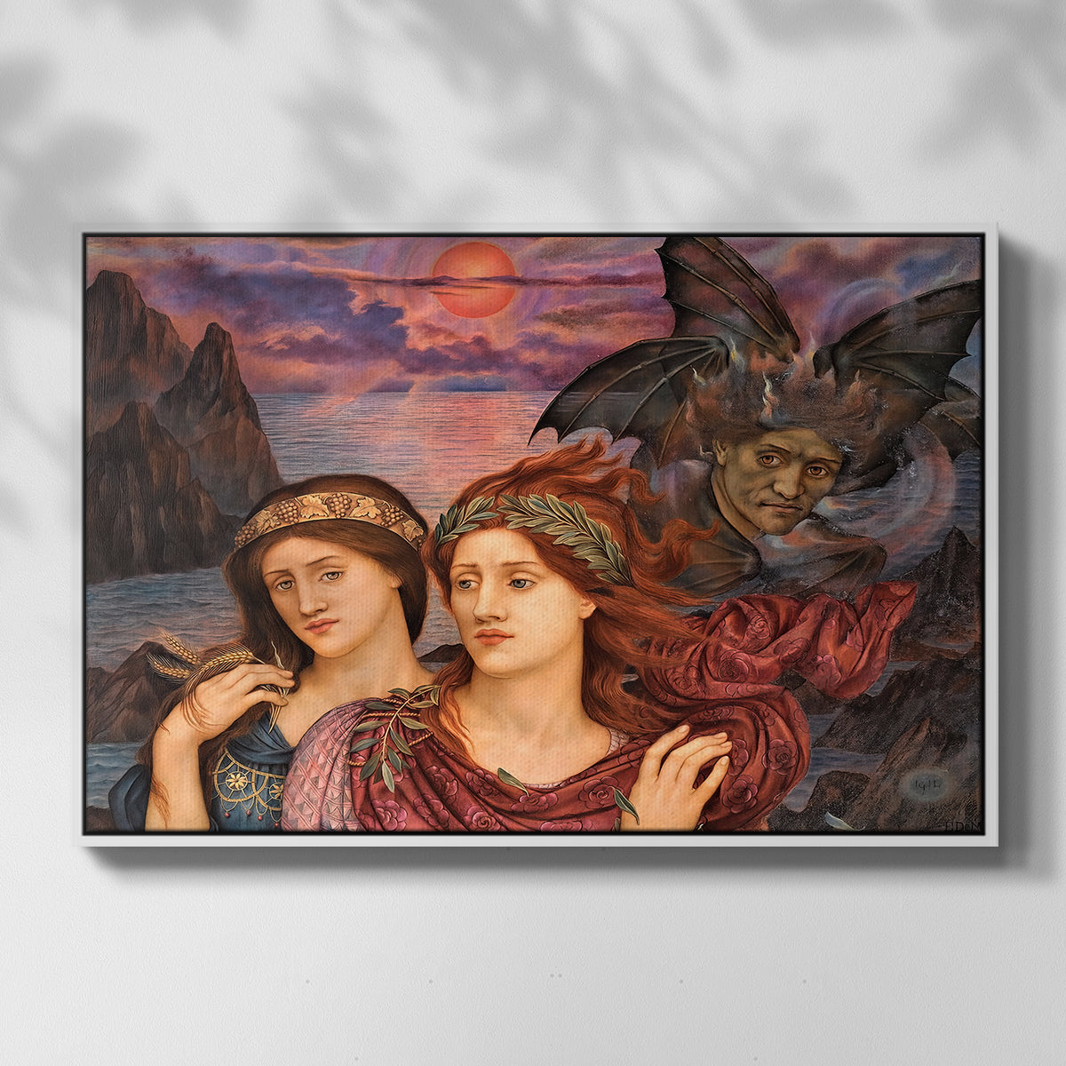 Front view of The Vision, 1914 by Evelyn De Morgan in a white floater framed canvas.