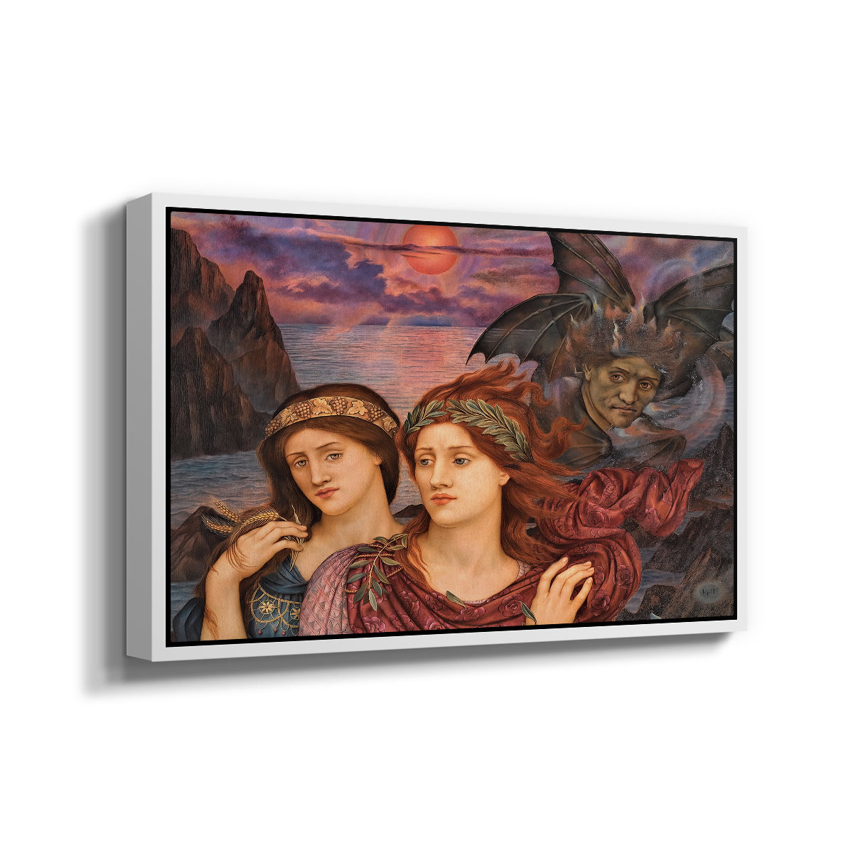 Angled view of The Vision, 1914 by Evelyn De Morgan in a white floater framed canvas.