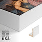 Close-up of the white floater frame corner and gallery wrapped canvas construction.