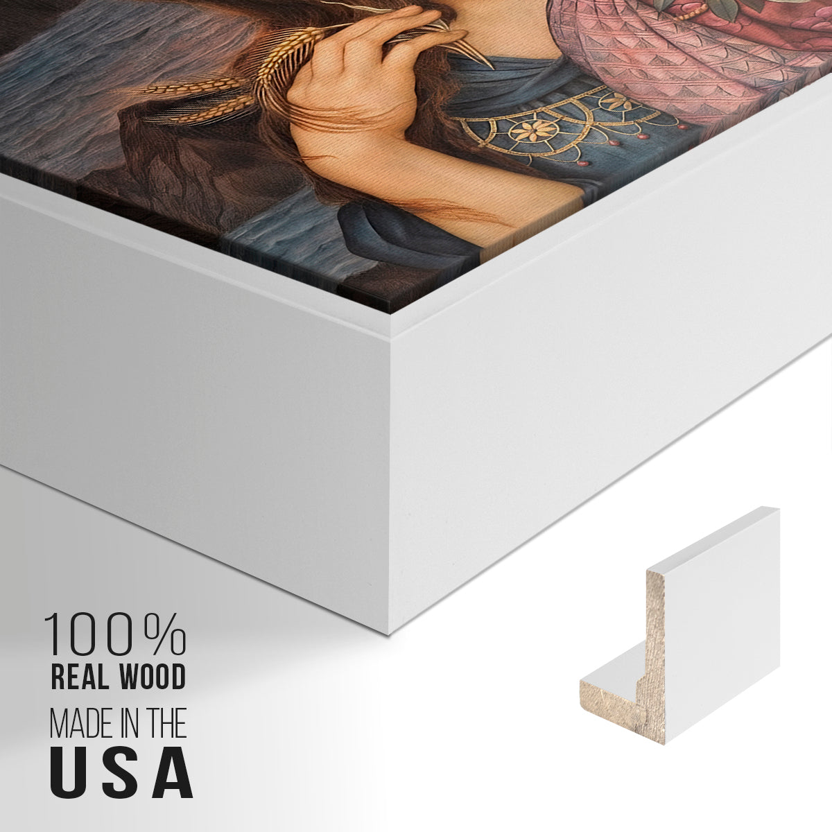 Close-up of the white floater frame corner and gallery wrapped canvas construction.