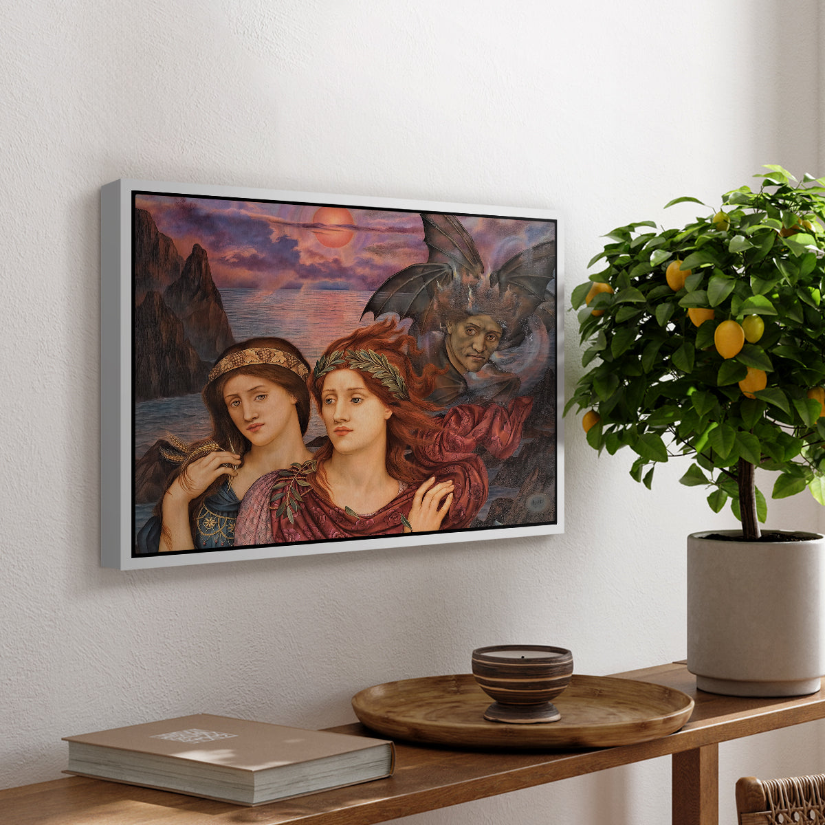 The Vision, 1914 by Evelyn De Morgan, presented in a white floater framed canvas featuring two female figures gazing outward with vivid sky behind them, displayed above a hallway console table.