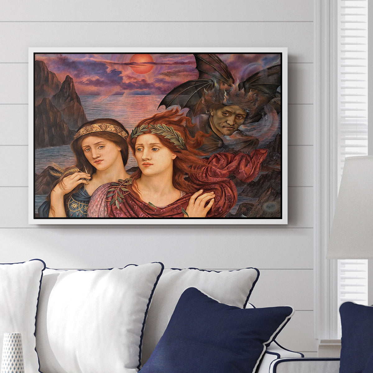 The Vision, 1914 by Evelyn De Morgan displayed above a sofa in a living room in a white floater frame, featuring a symbolic portrait of women framed by colorful atmospheric background.