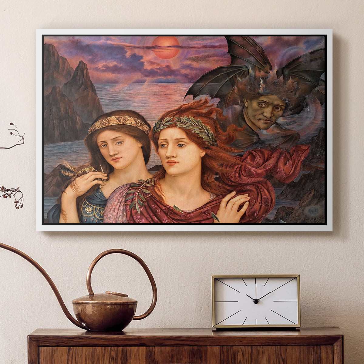 White floater framed canvas featuring an expressive composition with figures and dramatic sky, displayed above a cabinet in a soft-toned living room.