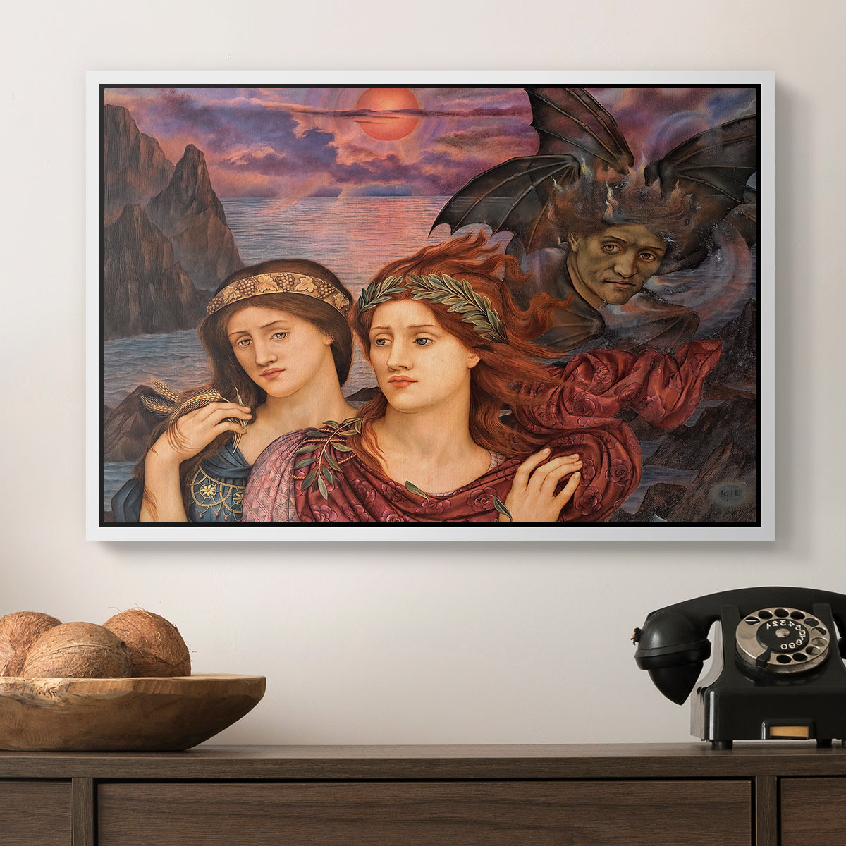 The Vision, 1914 by Evelyn De Morgan in a white floater framed canvas displayed above a console table in a hallway, featuring an allegorical scene emphasizing emotion and color.
