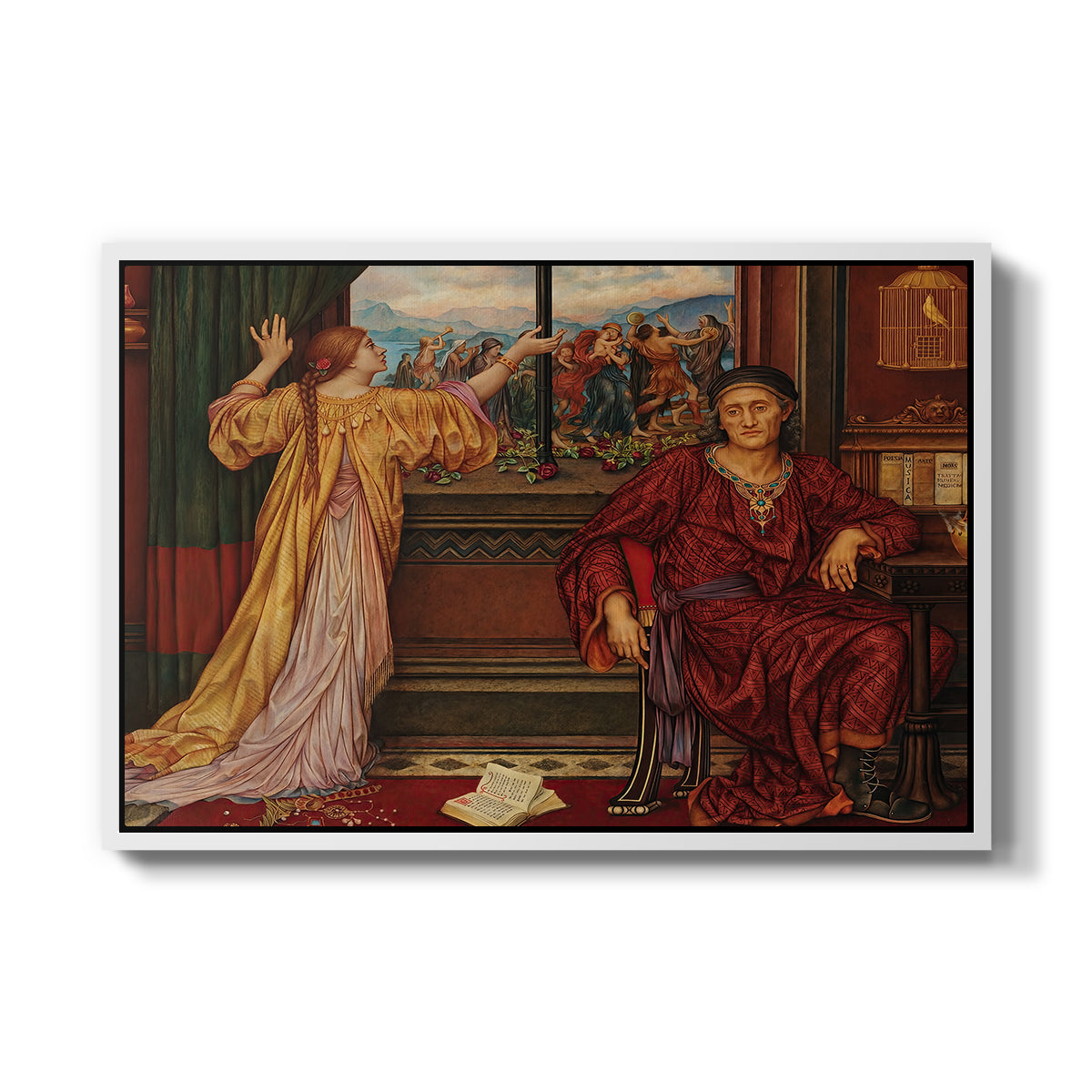The Gilded Cage, c. 1901-1902 by Evelyn De Morgan in a white floater framed canvas wall art display.