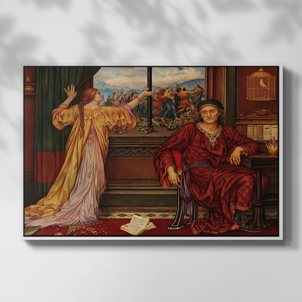 Front view of The Gilded Cage, c. 1901-1902 by Evelyn De Morgan in a white floater framed canvas.