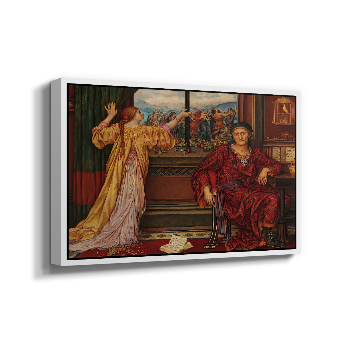 Angled view of The Gilded Cage, c. 1901-1902 by Evelyn De Morgan in a white floater framed canvas.
