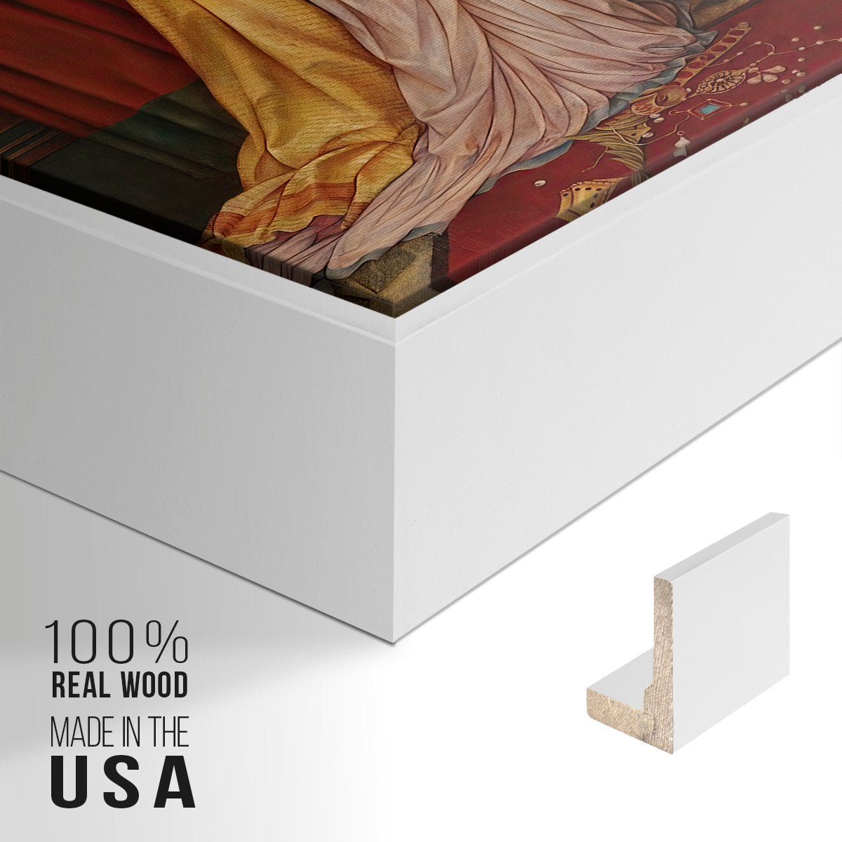 Close-up of the white floater frame corner and gallery wrapped canvas construction.