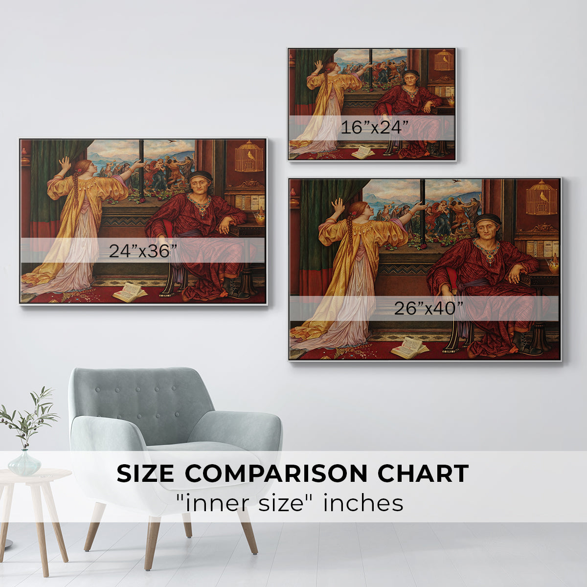 Size comparison chart for white floater framed canvas featuring The Gilded Cage, c. 1901-1902 by Evelyn De Morgan.