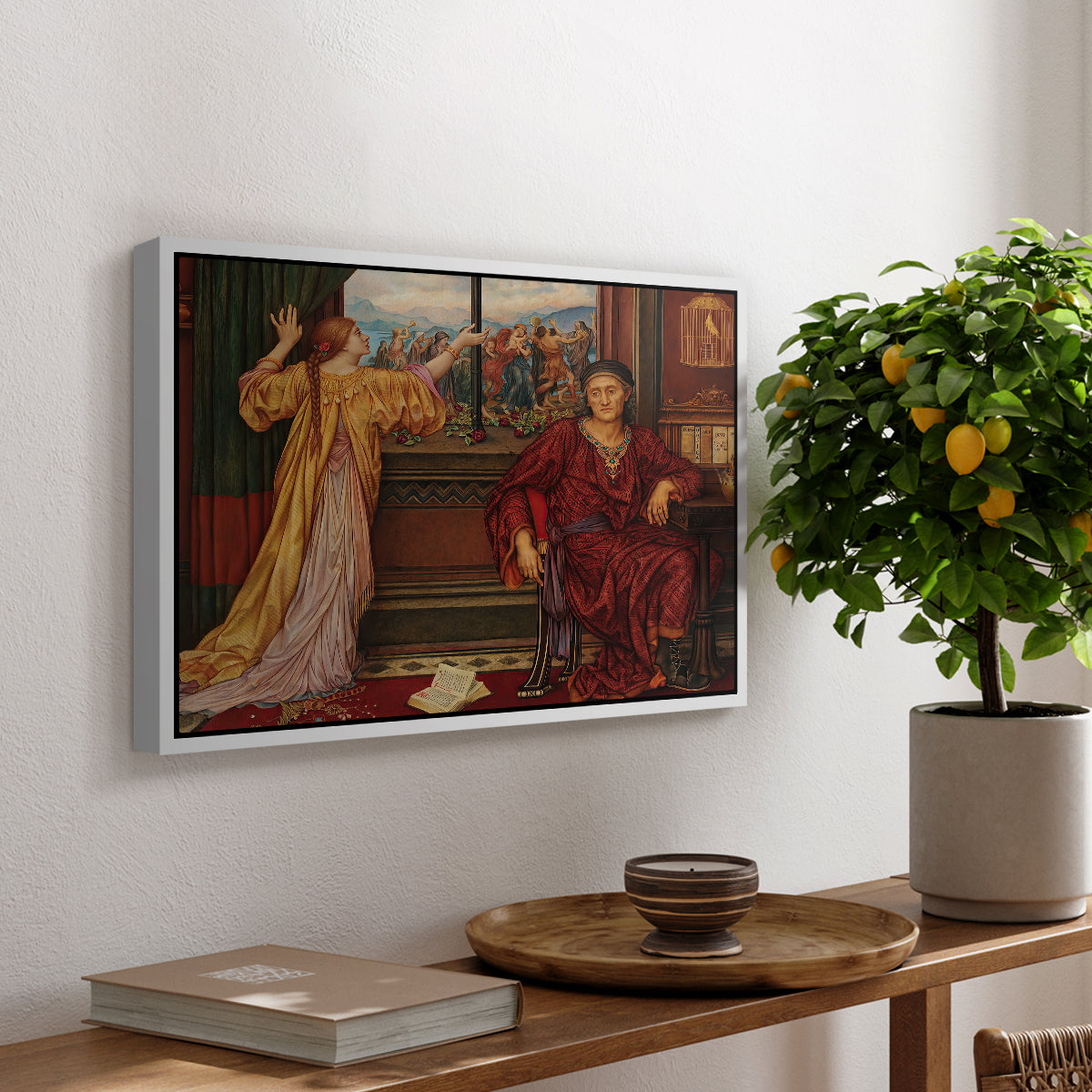 The Gilded Cage, c. 1901-1902 by Evelyn De Morgan, presented in a white floater framed canvas featuring a woman seated inside ornate interior symbolizing confinement and luxury, displayed above a hallway console table.