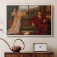 White floater framed canvas featuring an interior composition with woman and gilded elements suggesting restriction, displayed above a cabinet in a soft-toned living room.