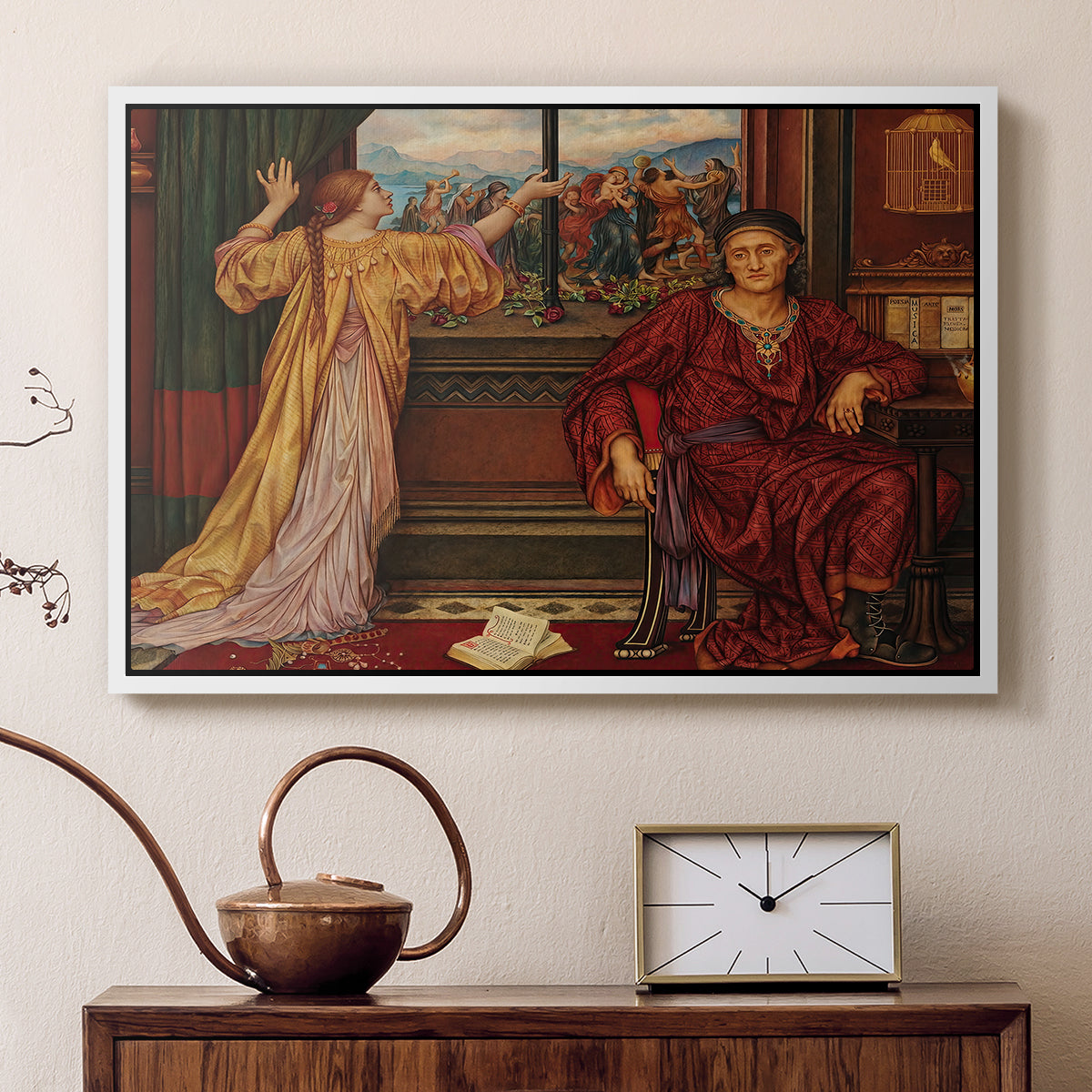 White floater framed canvas featuring an interior composition with woman and gilded elements suggesting restriction, displayed above a cabinet in a soft-toned living room.