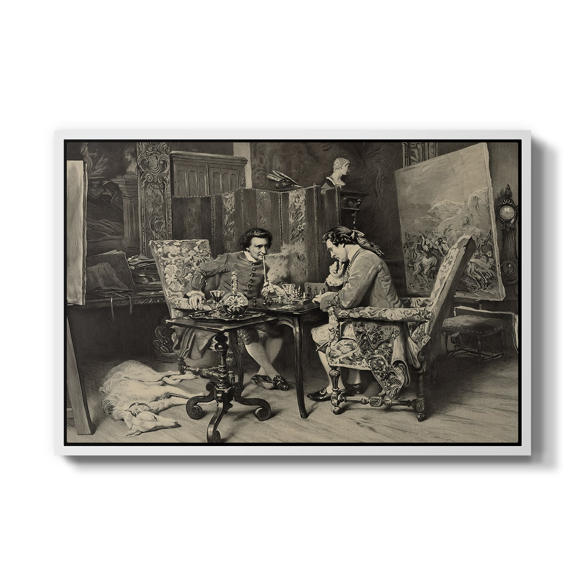 The Chess Players, 1858 by Ernest Meissonier in a white floater framed canvas wall art display.
