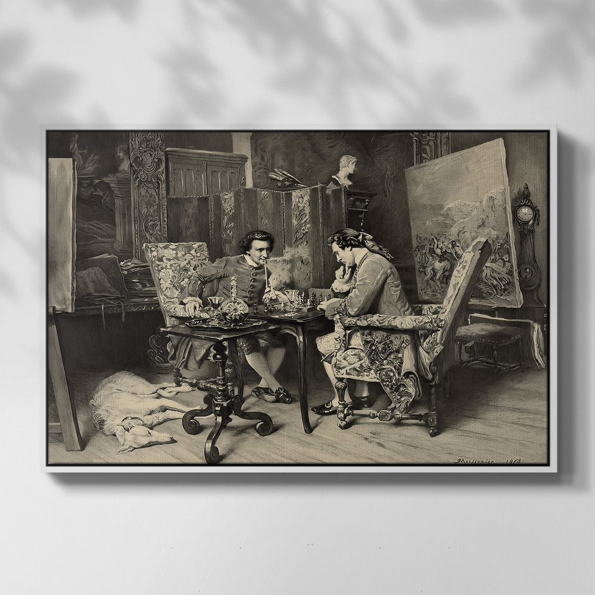 Front view of The Chess Players, 1858 by Ernest Meissonier in a white floater framed canvas.