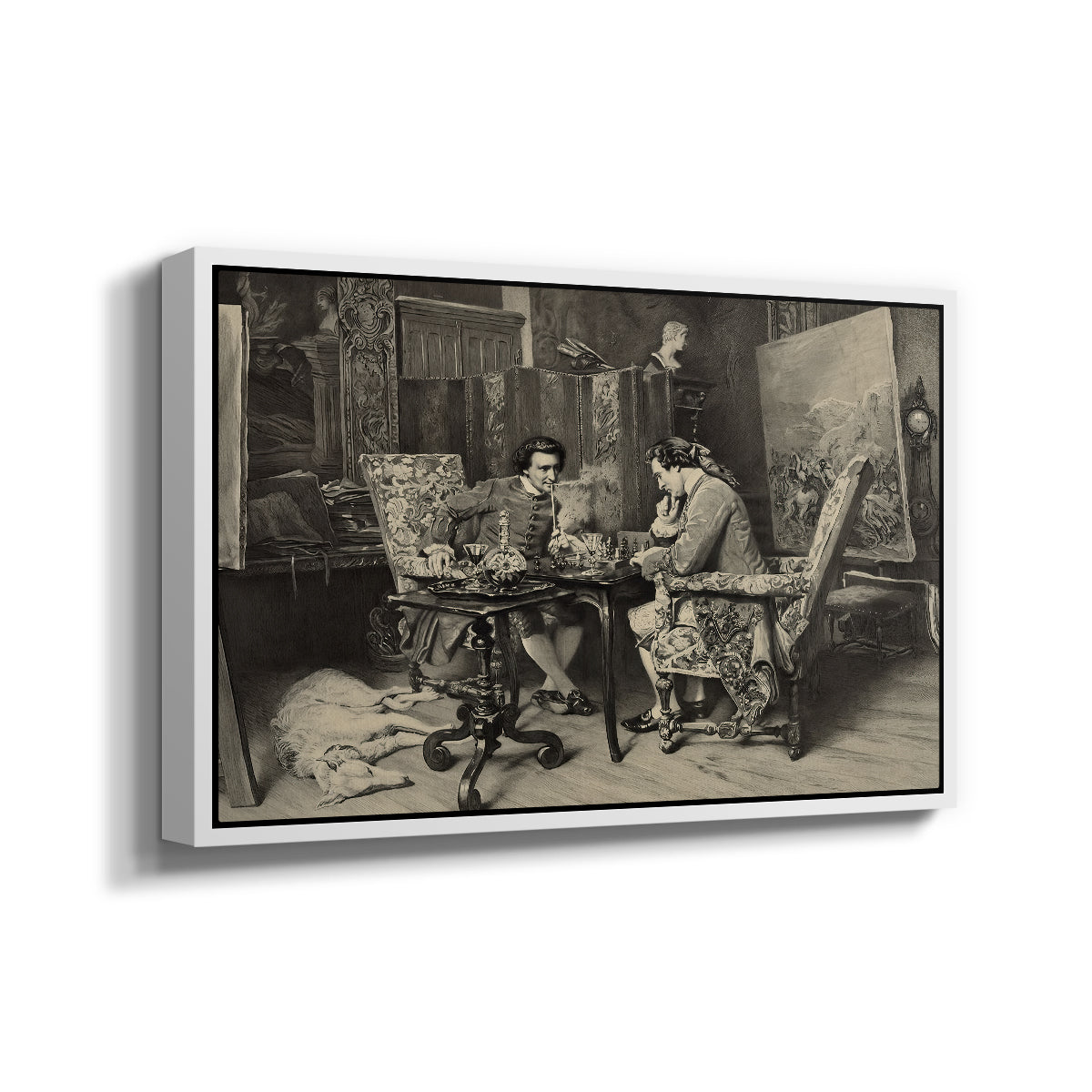 Angled view of The Chess Players, 1858 by Ernest Meissonier in a white floater framed canvas.