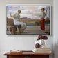 White floater framed canvas featuring Winding the Skein, c. 1878 by Frederic Leighton above an entryway table in a minimalist foyer.
