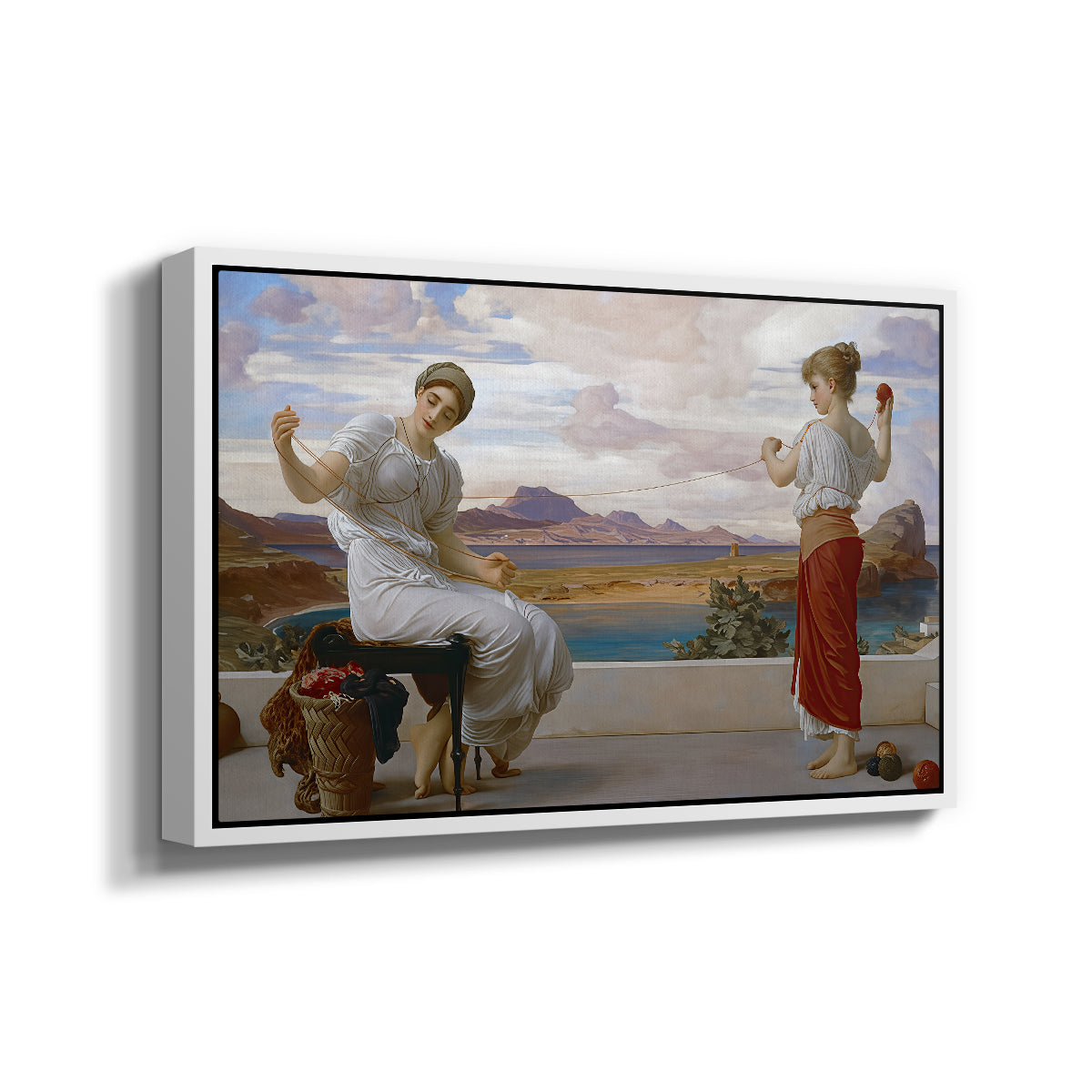 Angled view of Winding the Skein, c. 1878 by Frederic Leighton in a white floater framed canvas.