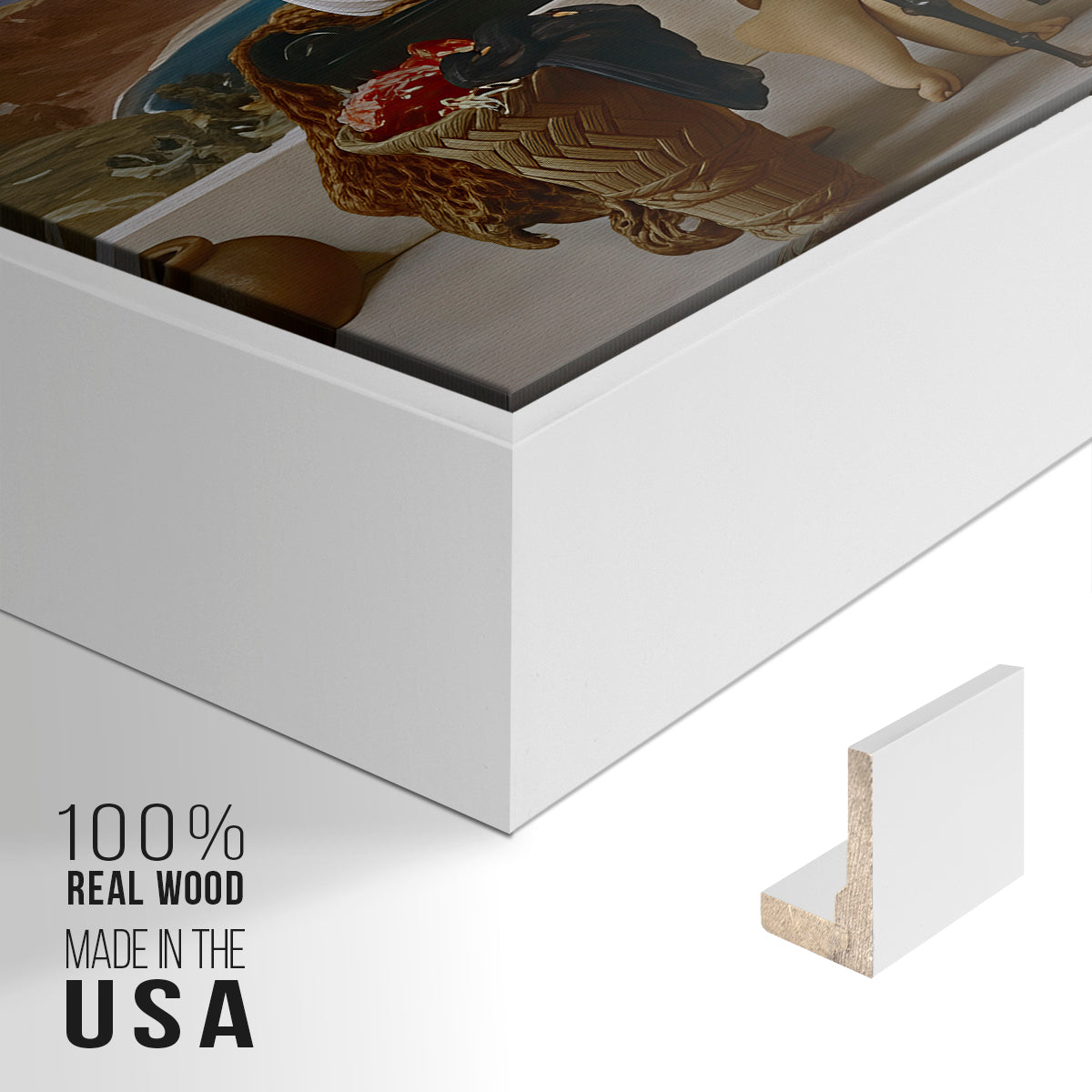 Close-up of the white floater frame corner and gallery wrapped canvas construction.
