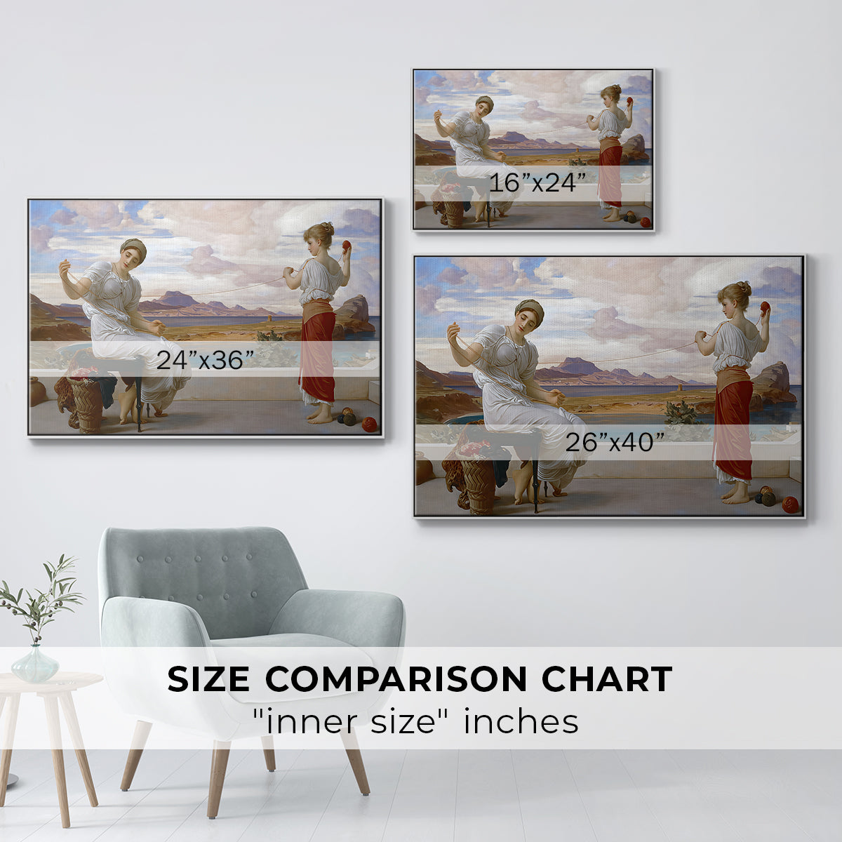 Size comparison chart for white floater framed canvas featuring Winding the Skein, c. 1878 by Frederic Leighton.