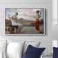 Winding the Skein, c. 1878 by Frederic Leighton displayed above a sofa in a living room in a white floater frame, featuring two women engaged in textile work with draped garments.